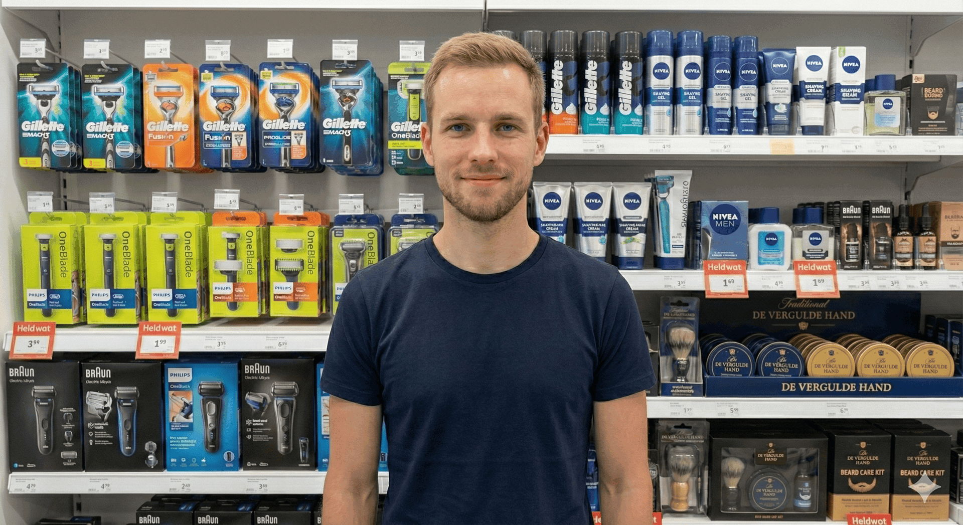 Jeroen staat voor het scheer assortiment in een winkel, in de achtergrond zie je gillette en oneblade scheermesjes, maar ook baard verzoring producten.