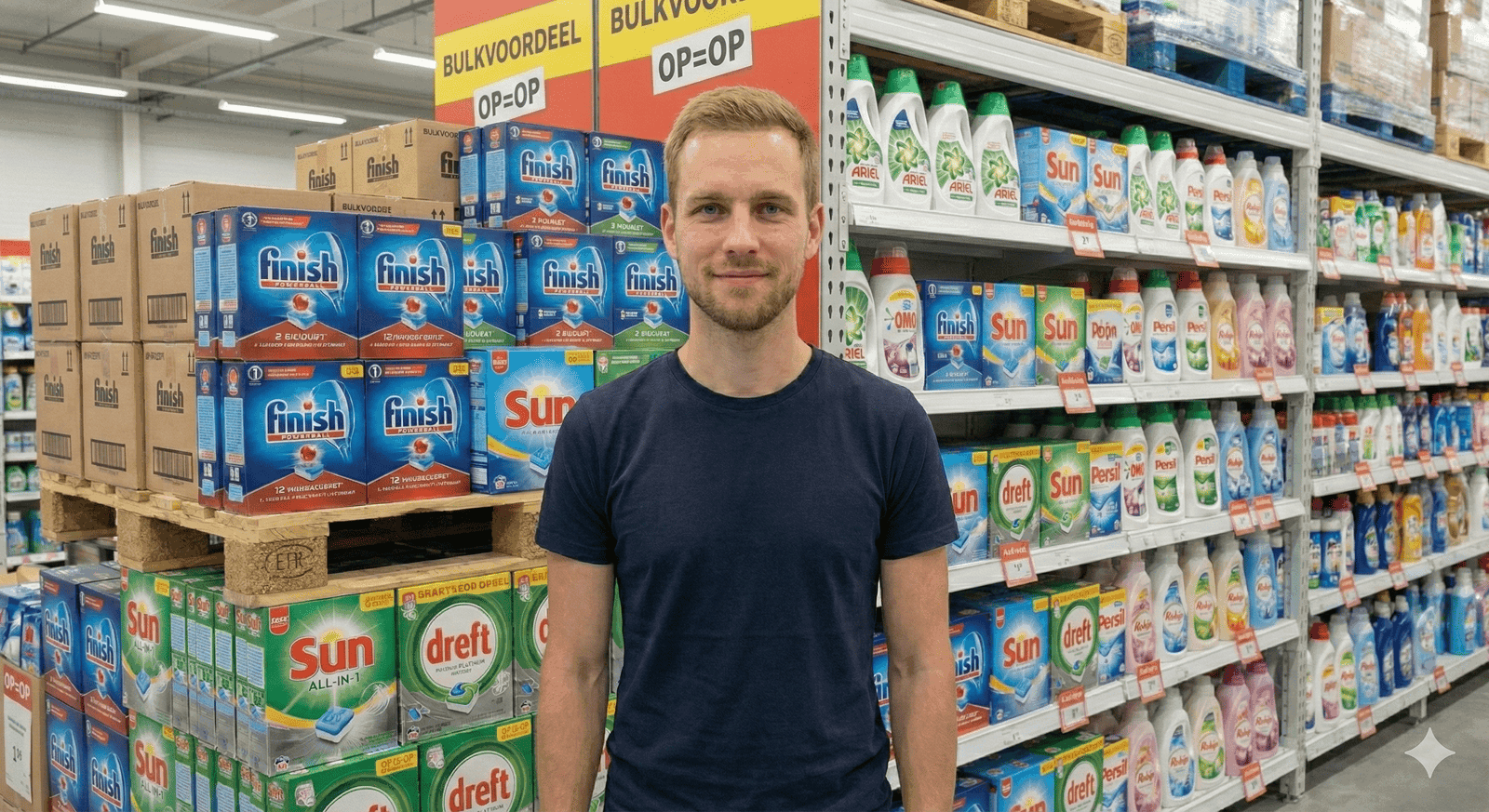 Jeroen in de winkel met op de achtergrond dozen vaatwastabletten en flessen wasmiddel